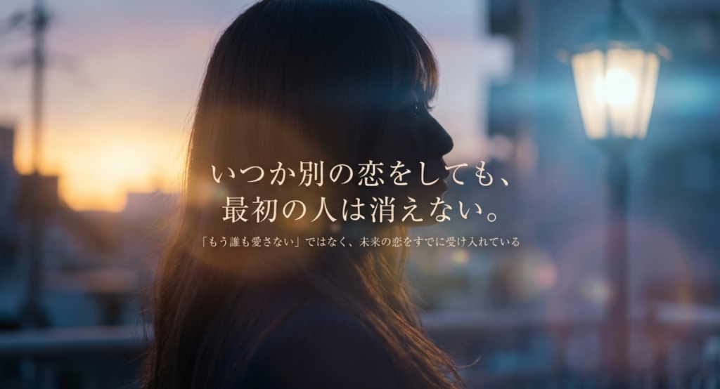 夕暮れの人物の横顔と未来の恋を受け入れても最初の人が心に残ることを示したスライド