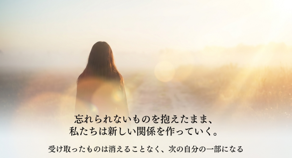 光の中に立つ人物と忘れられないものを抱えながら新しい関係へ進むことを示したスライド