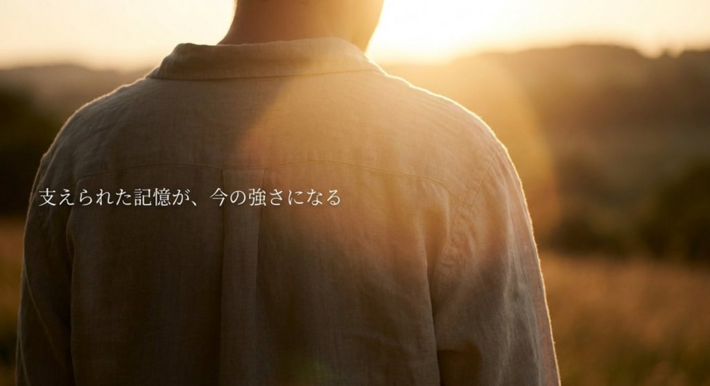 光を受ける人物の背中と「支えられた記憶が、今の強さになる」の文字