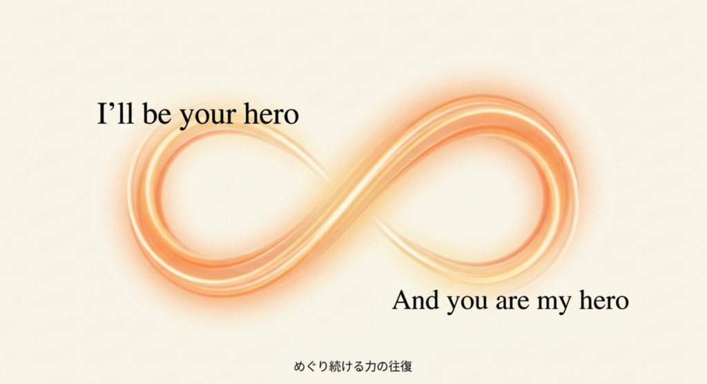 「I'll be your hero」と「And you are my hero」を無限大の光で結んだ図
