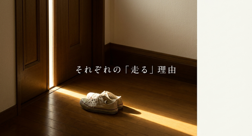 開いた扉から差し込む光とスニーカーで「それぞれの走る理由」を表現した画像