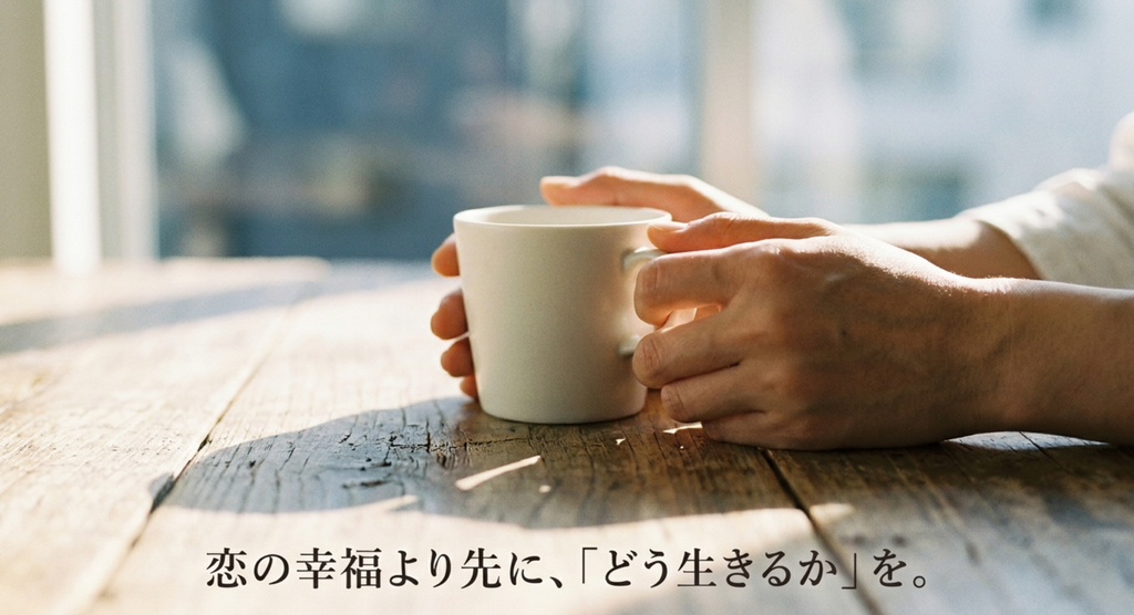 マグカップを両手で持つ人物と「恋の幸福より先に、どう生きるかを」という言葉を描いた画像