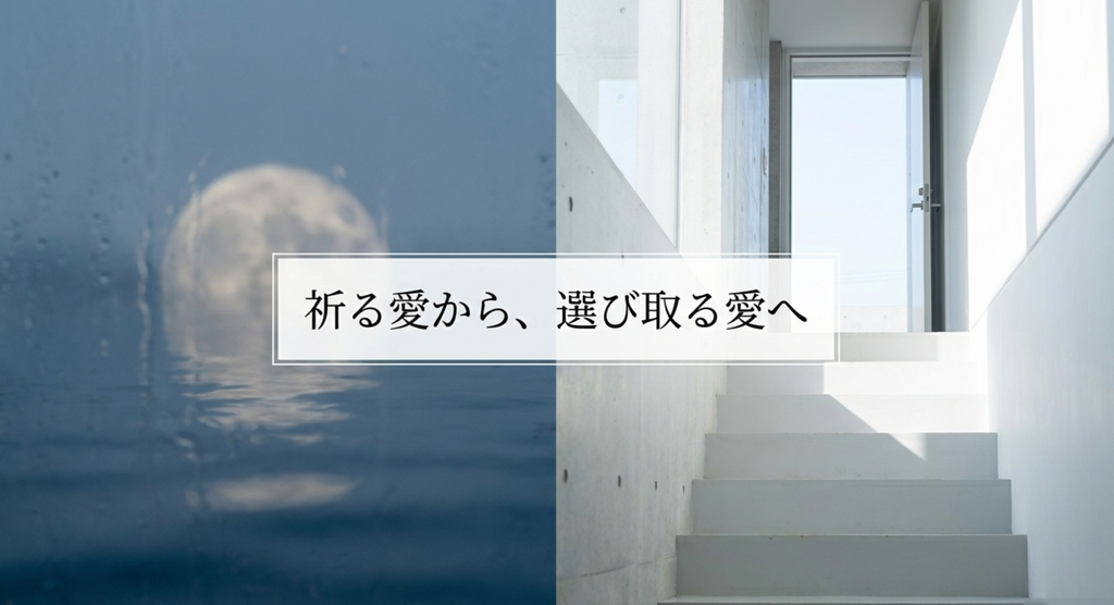 暗い水中と明るい階段を対比し、祈る愛から自分で選ぶ愛への変化を表した画像