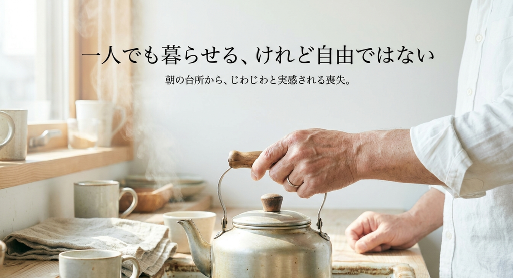 朝の台所でヤカンを持つ人物と、一人でも暮らせるけれど自由ではないという喪失を表したスライド