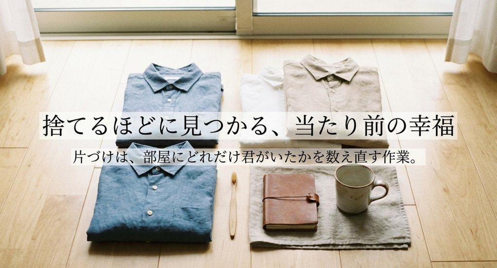 床に並べられた服や生活用品と、片づけるほど君の存在を思い出す様子を表したスライド