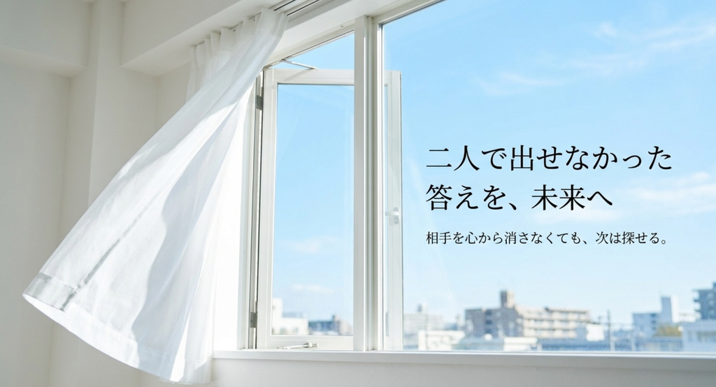 開いた窓と青空に、二人で出せなかった答えを未来へ探していく心情を重ねたスライド
