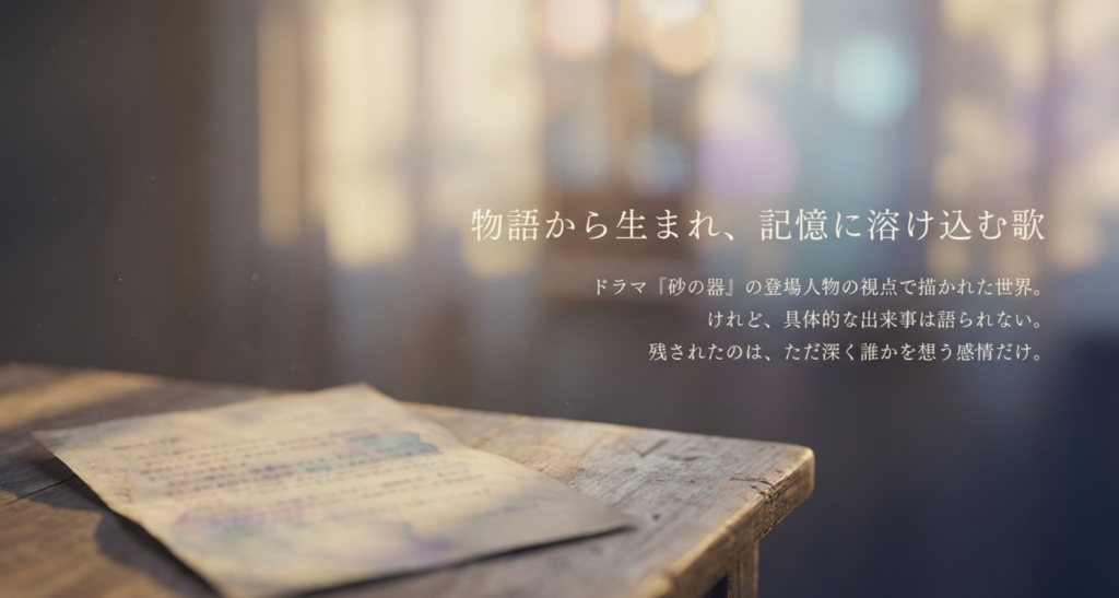 ドラマ砂の器の登場人物の視点から生まれながら具体的な出来事を語らず聴き手の記憶に溶け込む歌であることを示すスライド