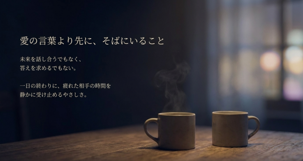 二つのマグカップを背景に未来の約束や答えより一日の終わりに相手のそばにいるやさしさを示すスライド