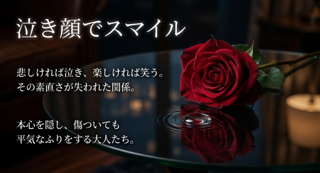 泣きたい気持ちと笑おうとする表情が同時に存在する二人の関係を表したスライド