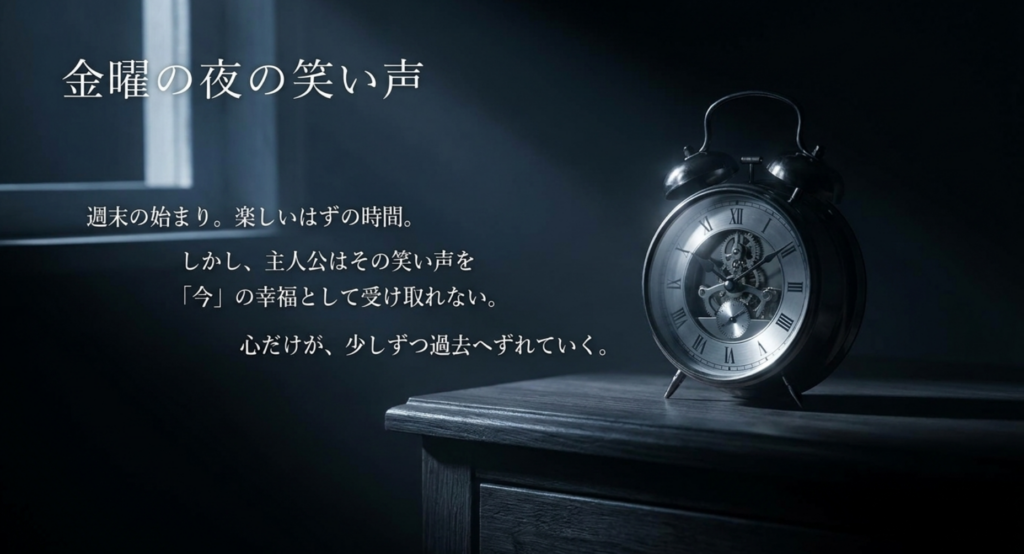 楽しいはずの金曜の夜の笑い声を主人公が今の幸福として受け取れない様子を示すスライド