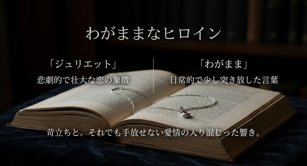 悲劇的な恋のイメージを持つジュリエットと日常的な「わがまま」という言葉の対比を示すスライド