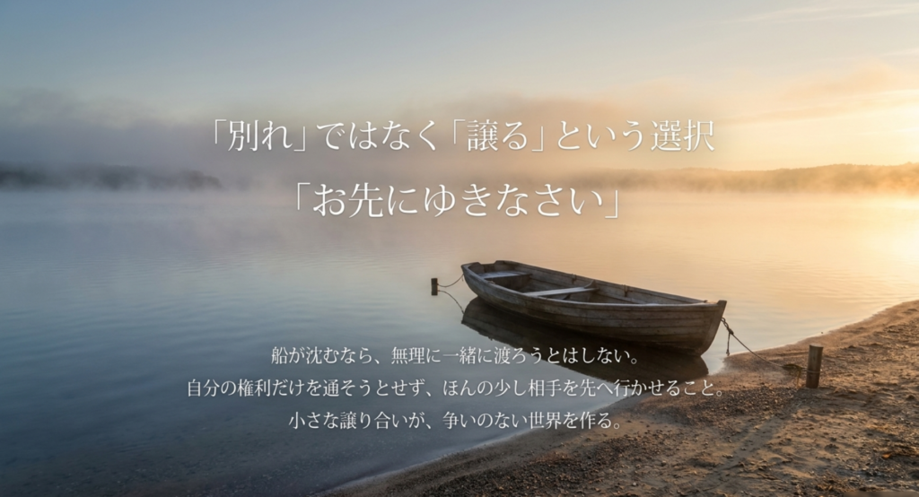 湖畔の船とともに、ハナミズキの「お先にゆきなさい」を別れではなく相手へ譲る選択として考察したスライド