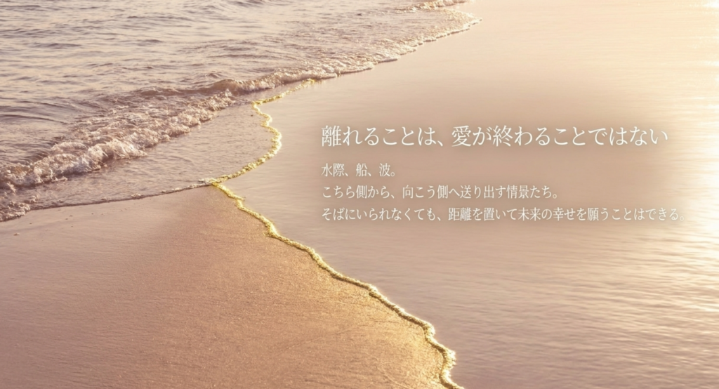 水際と波の情景を使い、ハナミズキに描かれる距離や境界と、離れても相手の幸せを願う愛を示すスライド