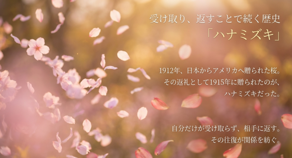 桜の花びらとともに、1912年の桜寄贈と1915年のハナミズキ返礼という日米友好の歴史を示したスライド