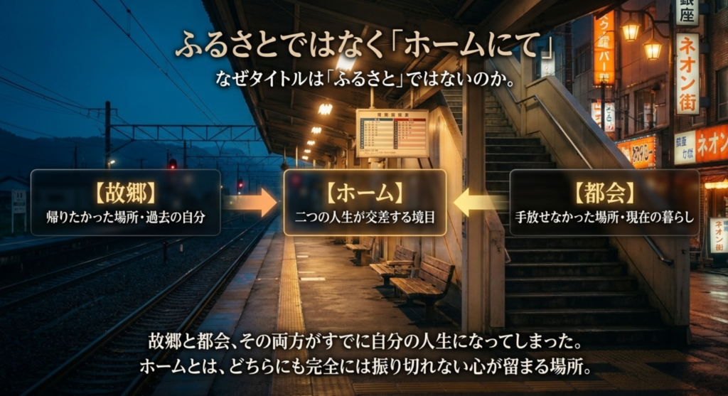 故郷と都会の間にある駅のホームから中島みゆき「ホームにて」のタイトルを読み解いたスライド