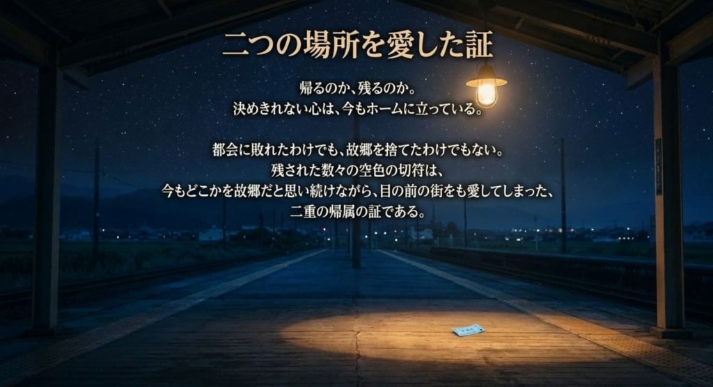 夜の駅のホームを背景に「ホームにて」を故郷と今いる街の二つの場所を愛した人の歌としてまとめたスライド