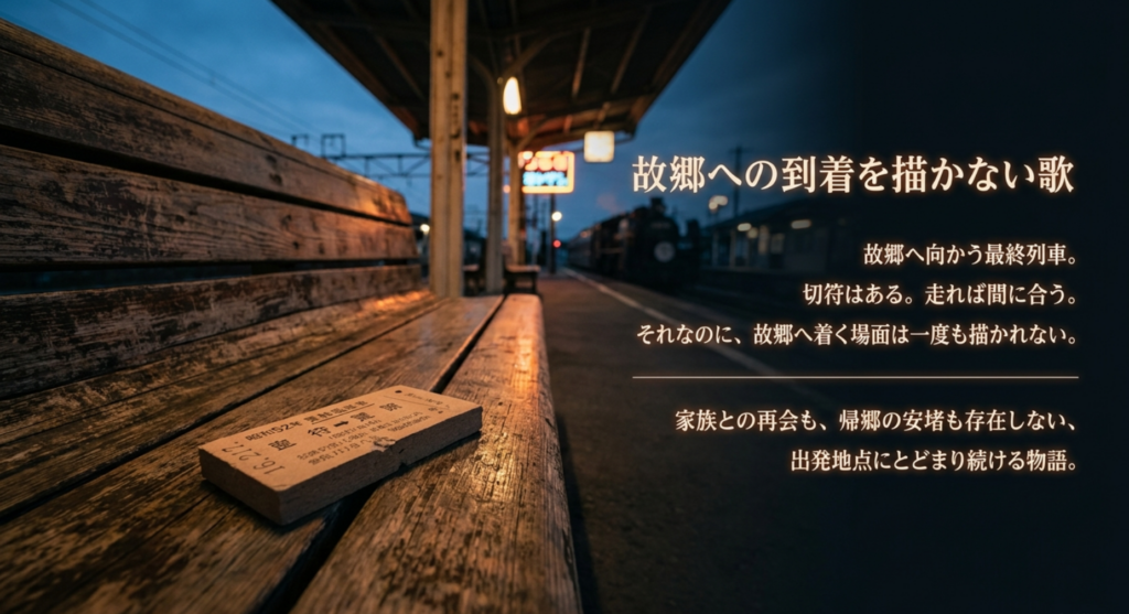 駅のホームと切符を背景に「ホームにて」が故郷への到着を描かないことを示した考察スライド