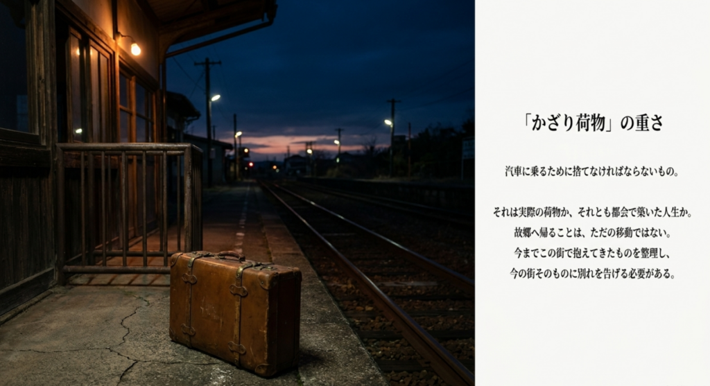 駅に置かれた鞄を背景に「ホームにて」の「かざり荷物」を読み解いた考察スライド