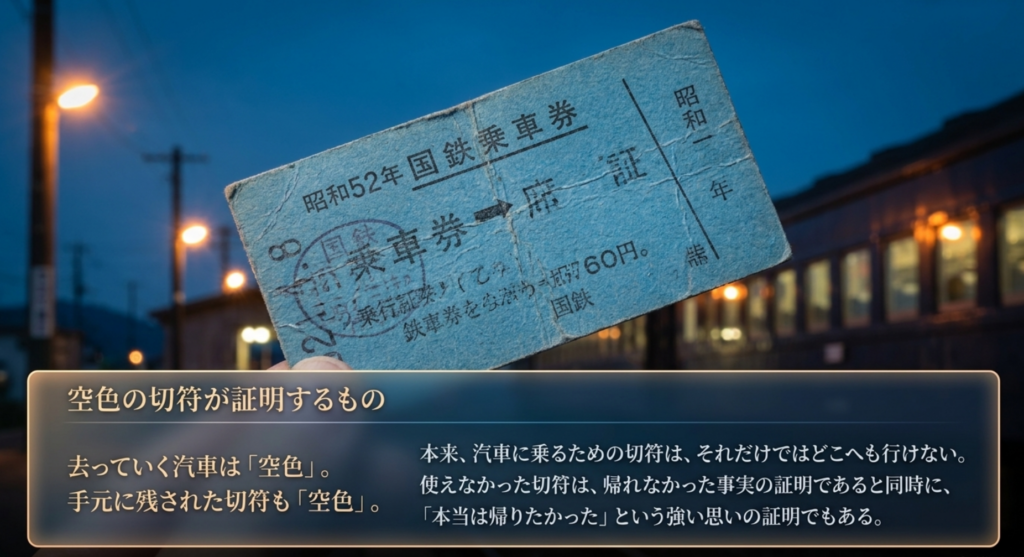 空色の乗車券を背景に「ホームにて」の帰れなかったことと帰りたかった思いを表した考察スライド