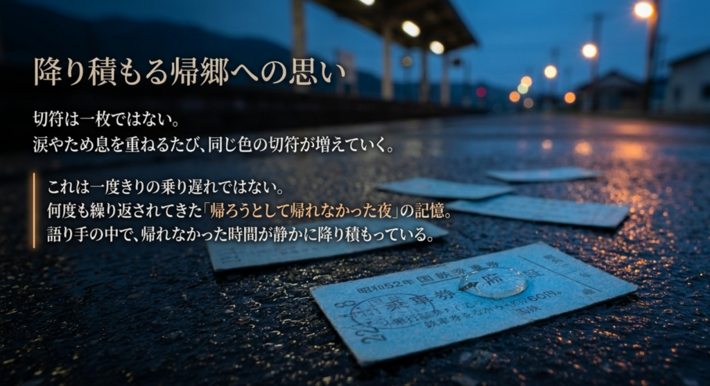 雨のホームに複数の切符が残り「ホームにて」の帰れなかった時間の積み重なりを表したスライド
