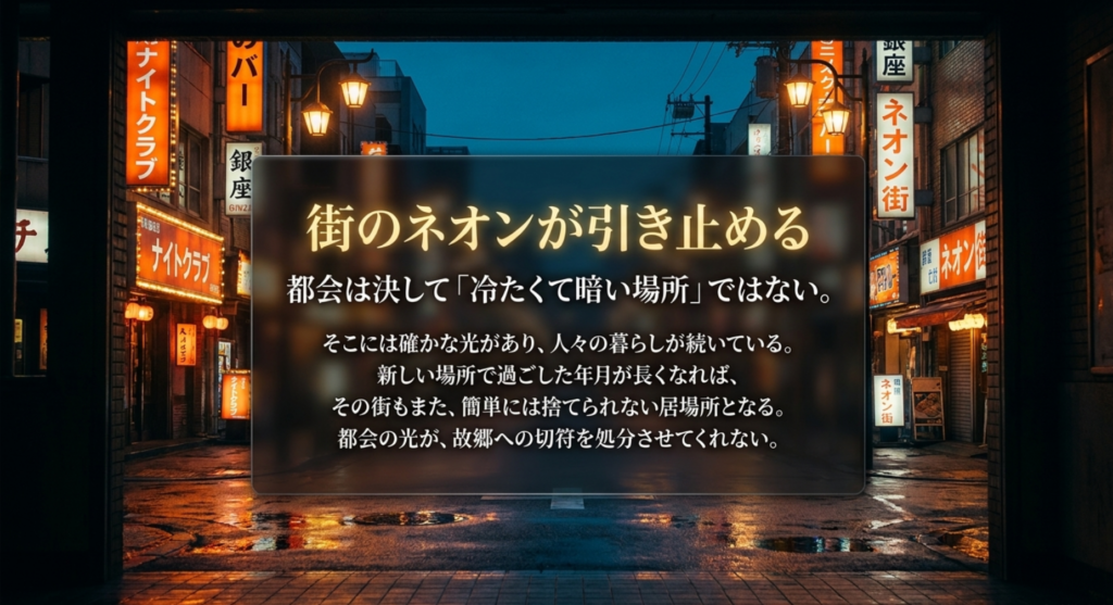 夜の都会のネオンを背景に「ホームにて」の街で続く暮らしと故郷への思いを表した考察スライド