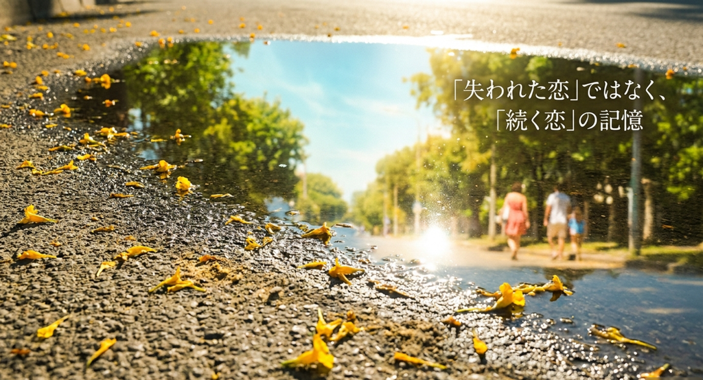 水たまりに映る夏景色と「失われた恋ではなく、続く恋の記憶」の文字を描いたマリーゴールド考察スライド