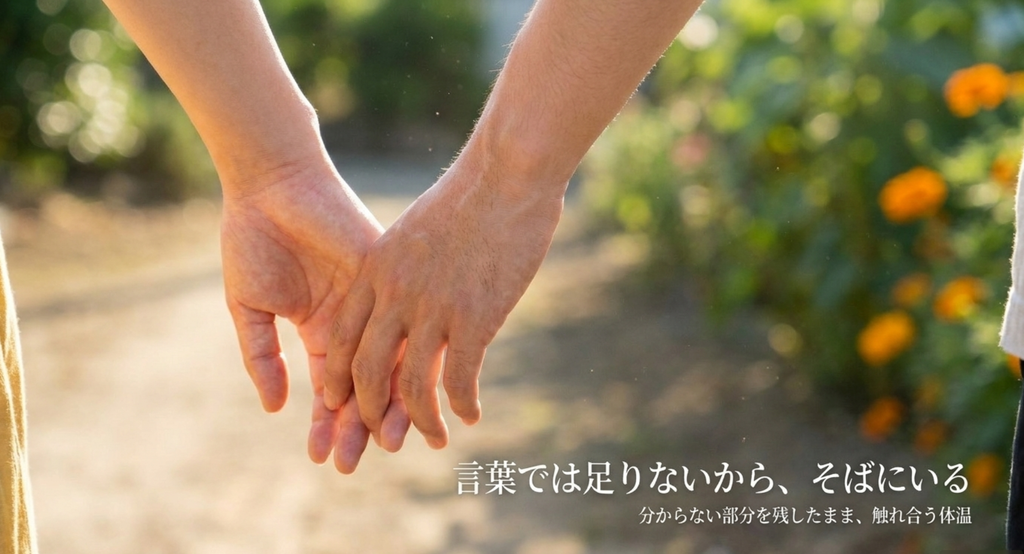 マリーゴールドが咲く道で手を重ねる二人と「言葉では足りないから、そばにいる」の文字を描いたスライド
