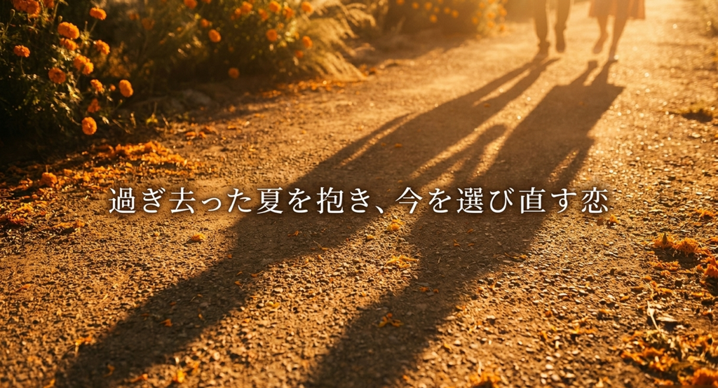 夕暮れのマリーゴールド畑を歩く二人の影と「過ぎ去った夏を抱き、今を選び直す恋」の文字を描いたスライド