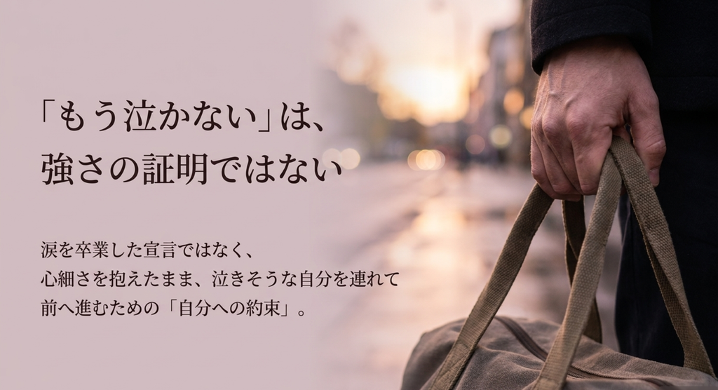 バッグを持つ人物の手元を背景に、「もう泣かない」を心細さを抱えながら前へ進むための自分への約束として表した画像