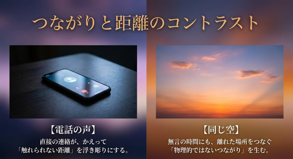 電話中のスマートフォンと同じ空を対比し、声が届くつながりと触れられない距離を表した画像