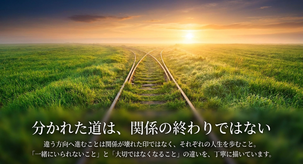 二手に分かれる道を背景に、違う方向へ進むことと大切ではなくなることの違いを表した画像
