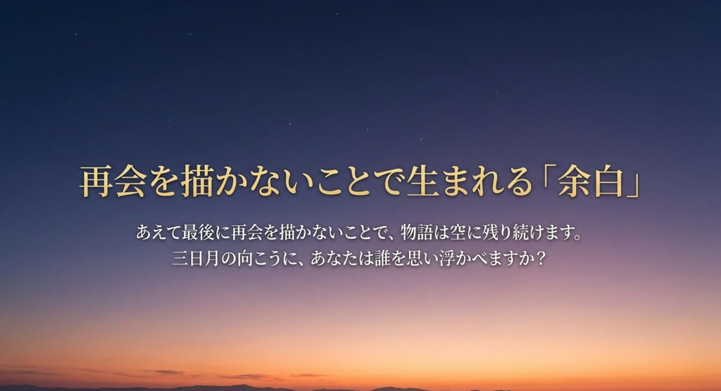 夕暮れから夜へ移る空を背景に、再会を描かないことで聴き手に残される三日月の物語の余白を表した画像