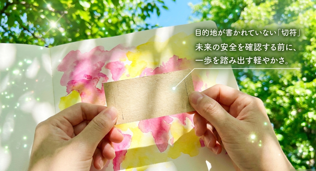 行き先の書かれていない切符と明るい地図で、未来が決まっていなくても一歩を踏み出す主人公を表したスライド