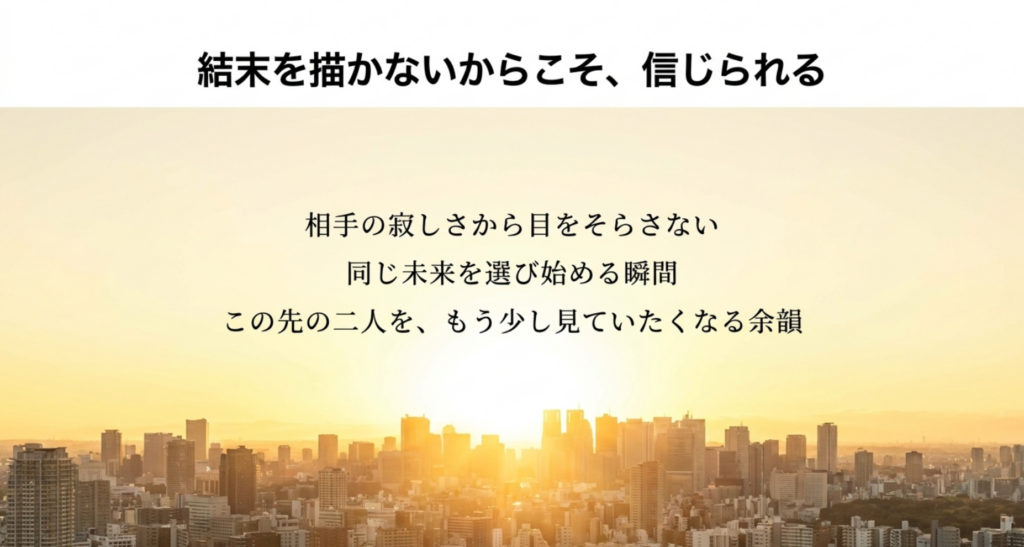 相手の寂しさから目をそらさず同じ未来を選び始める二人の余韻をまとめたスライド