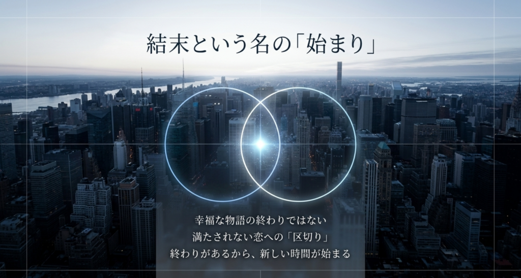 幸せな結末が到着した幸福ではなく未来へ向かう始まりであることを示したスライド