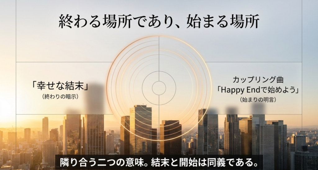 幸せな結末とHappy Endで始めようを並べ結末と始まりの関係を示したスライド