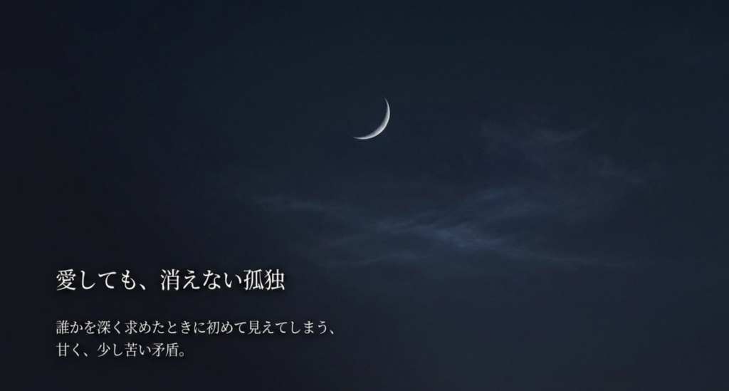 三日月の夜空を背景に、誰かを深く求めるとき初めて見えてしまう甘く少し苦い孤独を示すスライド