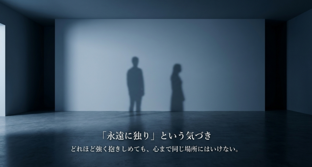 離れて立つ二人の影を背景に、強く抱きしめても心まで同じ場所にはいられない孤独を示すスライド