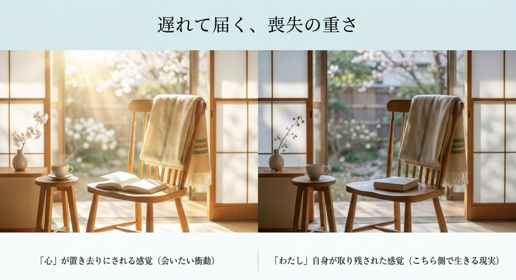 「心」が置き去りにされた感覚から「わたし」自身が残された感覚へ変わる喪失の深まりを表した比較イメージ