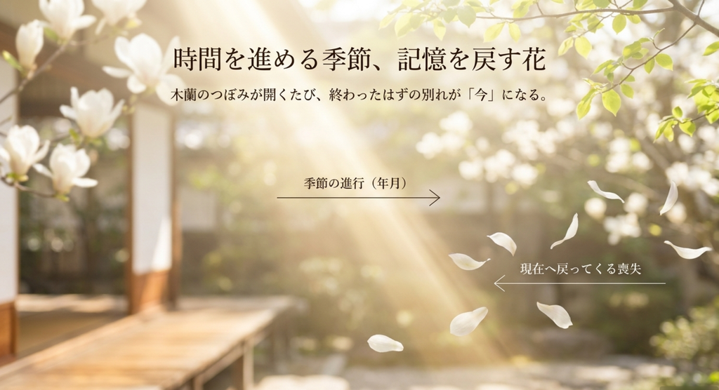 春の木蘭が季節を前へ進める一方で、主人公の記憶を失った人との時間へ戻していく様子を表したイメージ