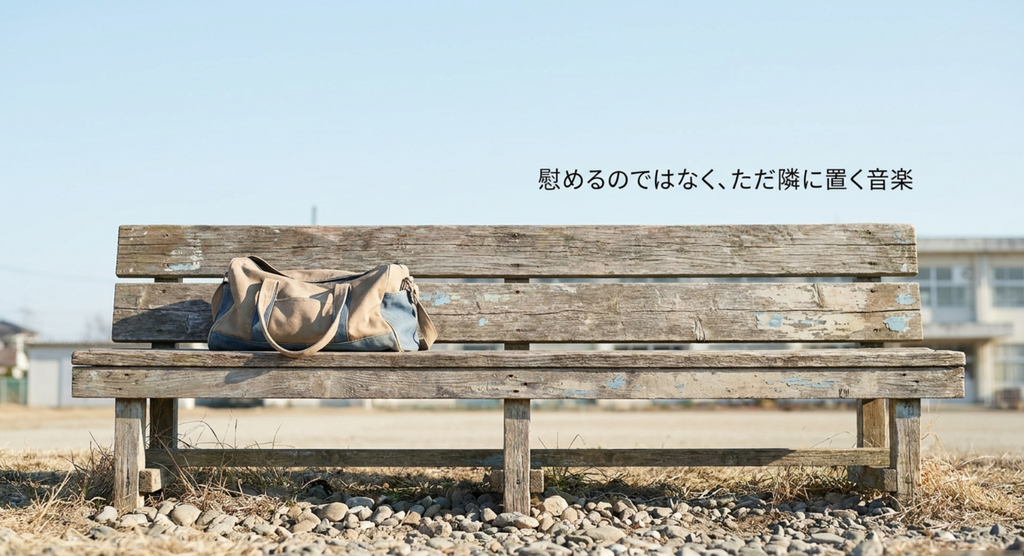 校庭のベンチに置かれたバッグで慰めや励ましではなくただ隣に音楽を置く水平線の姿勢を表したスライド