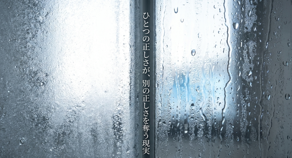 雨粒のついた窓を背景にひとつの正しさが別の正しさを奪う現実を表した水平線の考察スライド