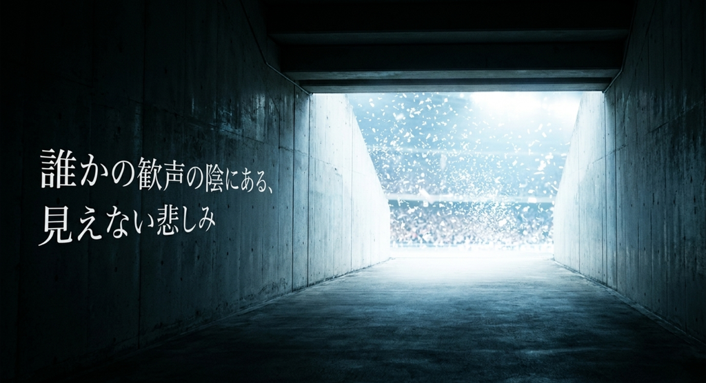 明るい競技場へ続く暗い通路で誰かの歓声の陰にある見えない悲しみを表した水平線の考察スライド