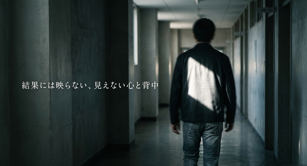 廊下を歩く後ろ姿で結果には映らない見えない心と自分では見ることのできない背中を表したスライド