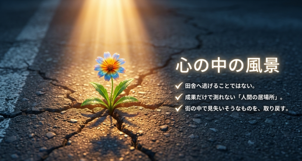 「田園」を成果だけで測れない人間の居場所という心の風景として読む考察を示すスライド