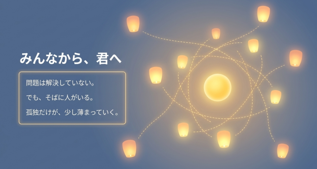 「田園」の終盤で視線が「みんな」から「君」へ近づき、そばにいる人の存在によって孤独が薄れていくことを示すスライド
