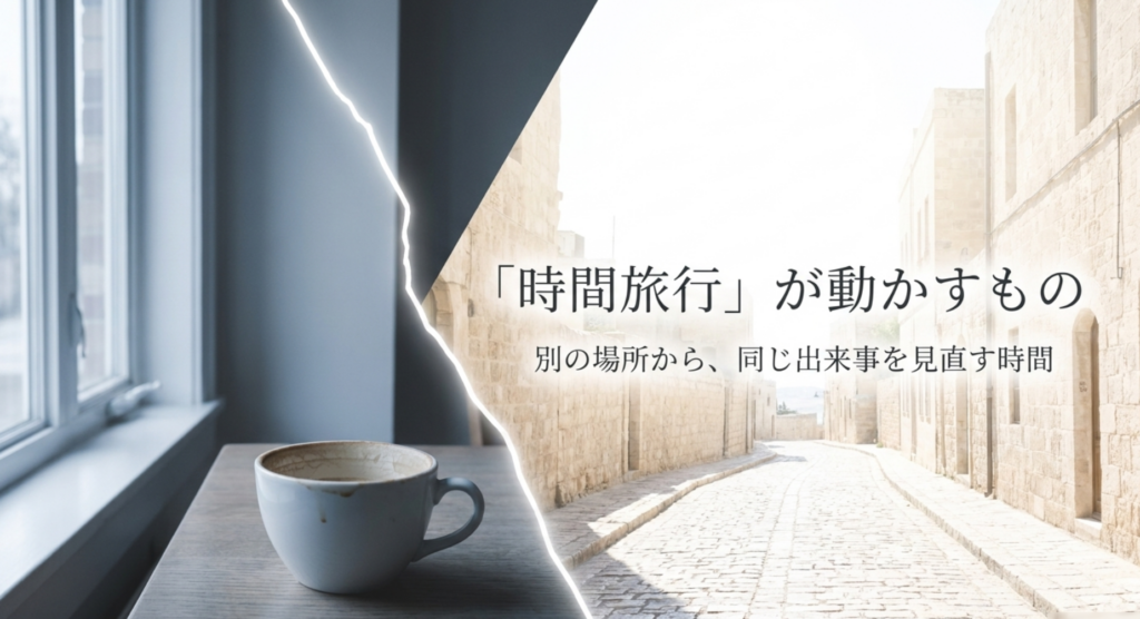 日常の窓辺と異国の石畳を対比し「時間旅行」が心を動かす様子を表したスライド