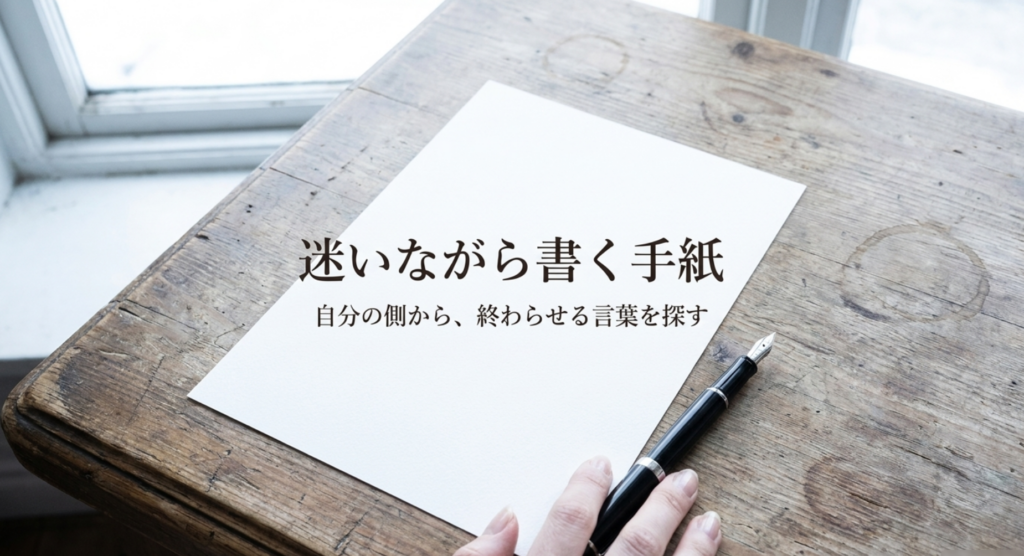 白い便箋と万年筆で「迷いながら書く手紙」と別れへの心の動きを表したスライド
