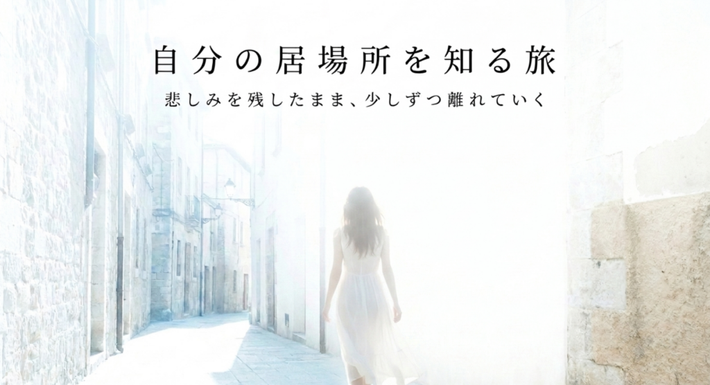 白い異国の街を離れていく人物と「自分の居場所を知る旅」を表したスライド