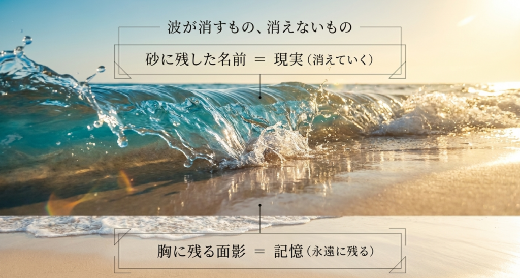 砂に残した名前は波に消されても胸に残る面影は消えないという真夏の果実の考察スライド
